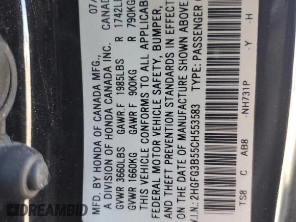 2012 Honda Civic Cpe LX with VIN 2HGFG3B55CH553583, listed as a Copart auction lot 69271314 with 149,172 mi miles and Salvage Title. Bid and sale history available at carsss.com. Image 15.