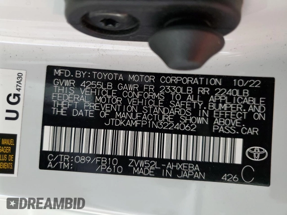 2022 Toyota Prius LE with VIN JTDKAMFP1N3224062, listed as a Copart auction lot 58465355 with 60,981 mi miles and Salvage title. Bid and sale history available at DreamBid. Image 12.