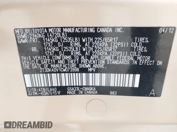 2012 Toyota RAV4 Limited with VIN 2T3DK4DV1CW073998, listed as a IAAI auction lot 41739729 with 36,055 mi miles. Bid and sale history available at carsss.com. Image 9.