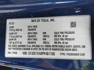 2023 Tesla Model 3 z VIN 5YJ3E1EA0PF481160, wystawiony jako IAAI lot #42704086 z przebiegiem 23 308 mil mil oraz . Historia ofert i sprzedaży dostępna na DreamBid. Obrazek 9.