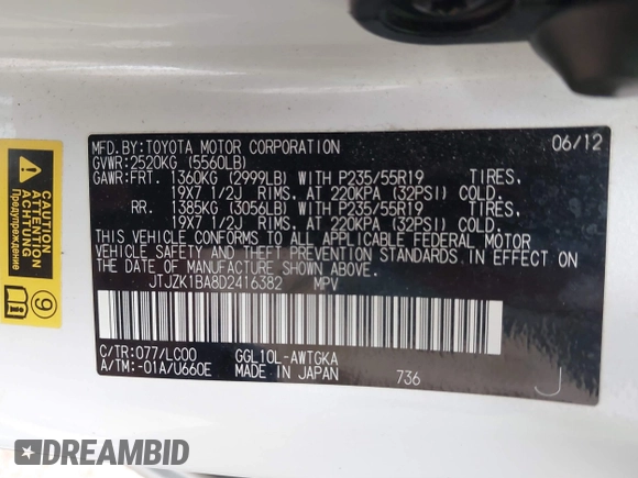 2013 Lexus RX 350 with VIN JTJZK1BA8D2416382, listed as a IAAI auction lot 41514921 with 74,341 mi miles and . Bid and sale history available at DreamBid. Image 9.
