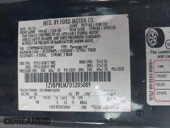 2013 Ford Mustang V6 with VIN 1ZVBP8EM7D5205089, listed as a IAAI auction lot 42418475 with 236,545 mi miles and . Bid and sale history available at DreamBid. Image 9.