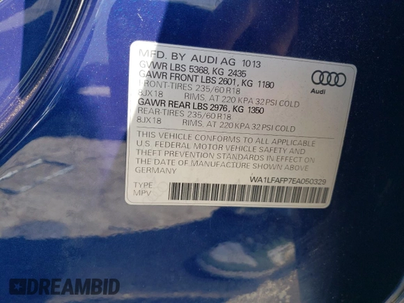 2014 Audi Q5 Premium Plus with VIN WA1LFAFP7EA050329, listed as a Copart auction lot 63111935 with 138,051 mi miles and Salvage title. Bid and sale history available at DreamBid. Image 12.