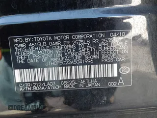 2010 Lexus IS 250 with VIN JTHCF5C22A5041996, listed as a IAAI auction lot 41997913 with 168,142 mi miles and . Bid and sale history available at carsss.com. Image 9.