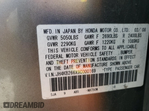 2009 Acura RL Tech Pkg with VIN JH4KB266X9C000169, listed as a Copart auction lot 54623365 with 102,035 mi miles and Salvage Title. Bid and sale history available at carsss.com. Image 12.