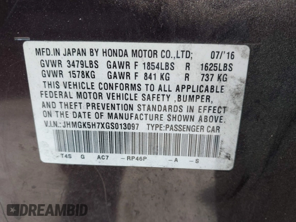 2016 Honda Fit EX with VIN JHMGK5H7XGS013097, listed as a IAAI auction lot 42290807 with 62,352 mi miles and . Bid and sale history available at DreamBid. Image 9.