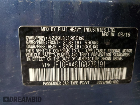 2016 Subaru Impreza 2.0i с VIN JF1GPAA61G8276191, выставлен на аукционе Copart как лот 51055635 с пробегом 88 087 миль миль и Списание • Salvage title. История ставок и продаж доступна на DreamBid. Изображение 12.