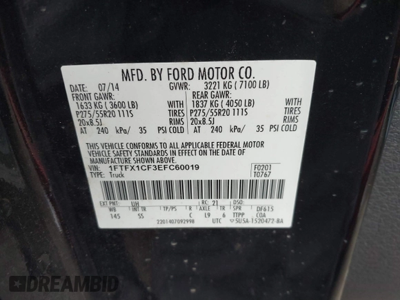 2014 Ford F-150 XL with VIN 1FTFX1CF3EFC60019, listed as a IAAI auction lot 41720720 with 127,887 mi miles. Bid and sale history available at carsss.com. Image 9.