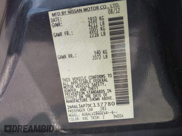 2013 Nissan Altima SL with VIN 1N4AL3AP7DC137780, listed as a IAAI auction lot 42482054 with 123,835 mi miles and . Bid and sale history available at DreamBid. Image 9.