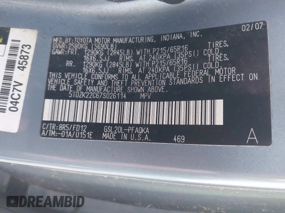 2007 Toyota Sienna XLE with VIN 5TDZK22C67S026114, listed as a IAAI auction lot 41913559 with 80,803 mi miles. Bid and sale history available at carsss.com. Image 9.