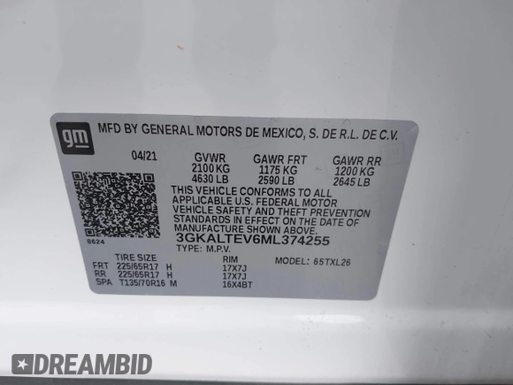2021 GMC Terrain SLE with VIN 3GKALTEV6ML374255, listed as a IAAI auction lot 40129151 with 87,540 mi miles and . Bid and sale history available at carsss.com. Image 9.
