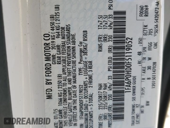 2015 Ford Fusion SE with VIN 1FA6P0HD0F5119052, listed as a Copart auction lot 47680735 with 122,295 mi miles and Clean Title. Bid and sale history available at DreamBid. Image 12.
