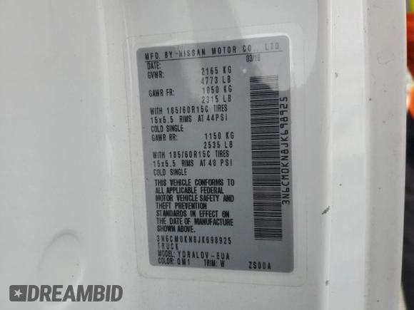2018 Nissan NV200 S z VIN 3N6CM0KN8JK698925, wystawiony jako Copart lot #50991315 z przebiegiem Nie podano mil oraz Szkoda całkowita • Salvage title. Historia ofert i sprzedaży dostępna na DreamBid. Obrazek 13.