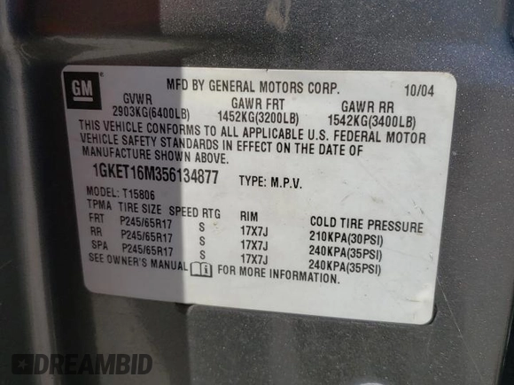 2005 GMC Envoy SLT z VIN 1GKET16M356134877, wystawiony jako Copart lot #57333345 z przebiegiem 205 714 mil mil oraz Szkoda całkowita • Salvage title. Historia ofert i sprzedaży dostępna na DreamBid. Obrazek 12.