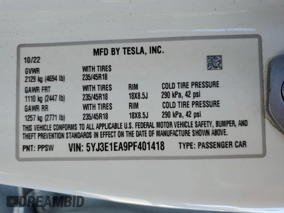 2023 Tesla Model 3 with VIN 5YJ3E1EA9PF401418, listed as a Copart auction lot 50597015 with 79,673 mi miles and Salvage Title. Bid and sale history available at DreamBid. Image 12.