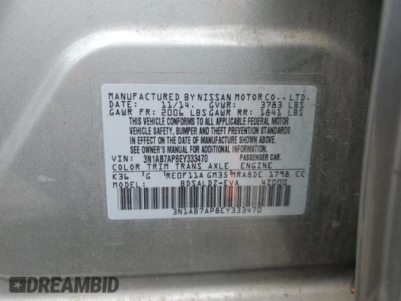 2014 Nissan Sentra SV z VIN 3N1AB7AP8EY333470, wystawiony jako Copart lot #57794695 z przebiegiem 65 914 mil mil oraz Szkoda całkowita • Salvage title. Historia ofert i sprzedaży dostępna na DreamBid. Obrazek 12.