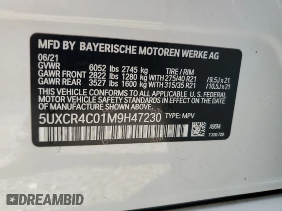 2021 BMW X5 sDrive40i with VIN 5UXCR4C01M9H47230, listed as a Copart auction lot 59798464 with 36,975 mi miles and Salvage title. Bid and sale history available at DreamBid. Image 13.