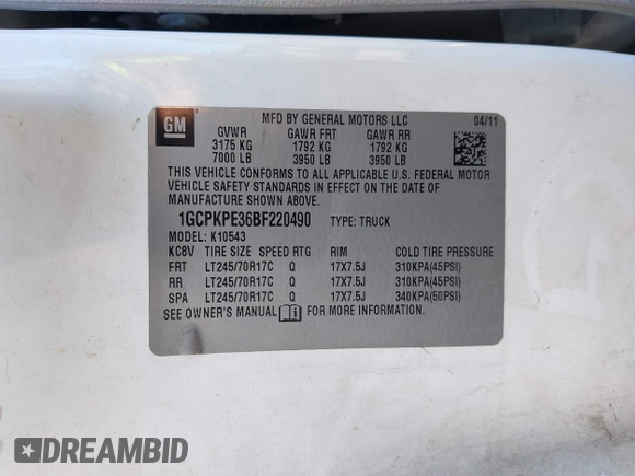 2011 Chevrolet Silverado 1500 with VIN 1GCPKPE36BF220490, listed as a IAAI auction lot 41314405 with 305,691 mi miles and . Bid and sale history available at DreamBid. Image 9.