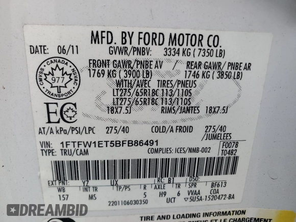 2011 Ford F-150 XLT with VIN 1FTFW1ET5BFB86491, listed as a Copart auction lot 51230135 with 198,358 mi miles and Salvage Title. Bid and sale history available at carsss.com. Image 12.