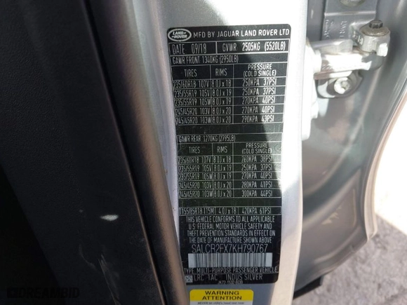 2019 Land Rover Discovery Sport HSE with VIN SALCR2FX7KH790767, listed as a IAAI auction lot 41634586 with 59,627 mi miles. Bid and sale history available at carsss.com. Image 9.