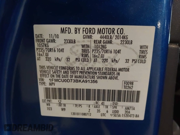 2011 Ford Escape XLT with VIN 1FMCU0D73BKA91356, listed as a IAAI auction lot 41765480 with 82,320 mi miles. Bid and sale history available at carsss.com. Image 9.