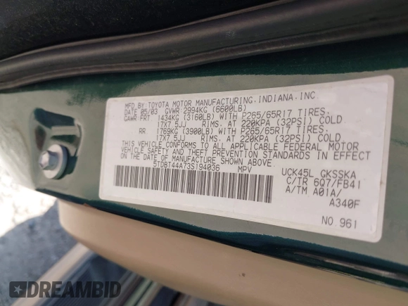 2003 Toyota Sequoia SR5 with VIN 5TDBT44A73S194036, listed as a IAAI auction lot 42170856 with 307,707 mi miles and . Bid and sale history available at DreamBid. Image 9.