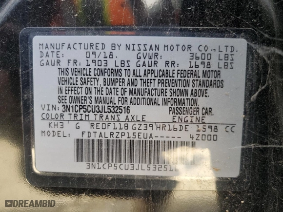 2018 Nissan Kicks SV with VIN 3N1CP5CU3JL532516, listed as a Copart auction lot 49723265 with 68,521 mi miles and Clean Title. Bid and sale history available at carsss.com. Image 12.