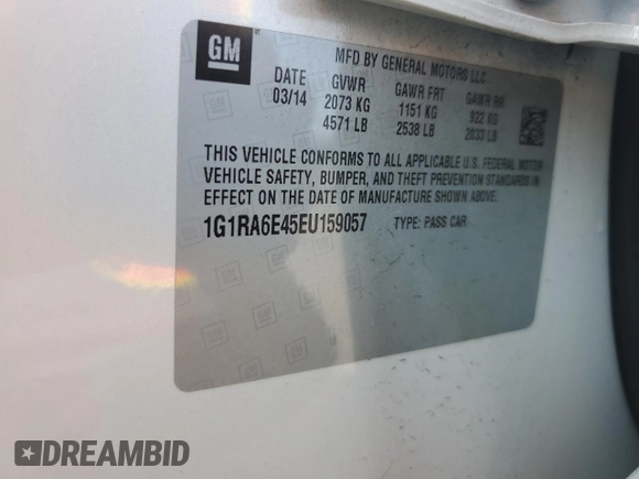 2014 Chevrolet Volt with VIN 1G1RA6E45EU159057, listed as a Copart auction lot 78576584 with Not Provided miles and Salvage Title. Bid and sale history available at DreamBid. Image 12.