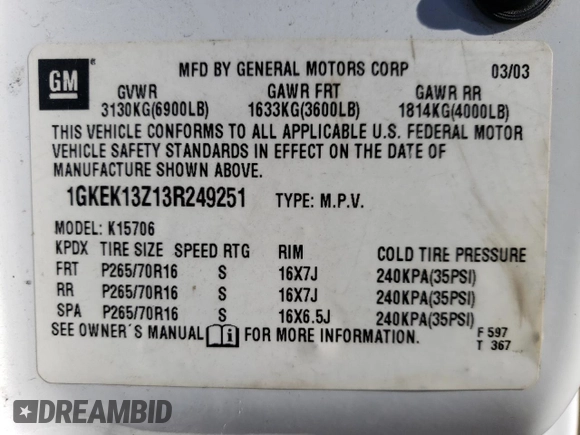 2003 GMC Yukon SLE with VIN 1GKEK13Z13R249251, listed as a Copart auction lot 88695635 with 189,129 mi miles and Salvage Title. Bid and sale history available at carsss.com. Image 15.