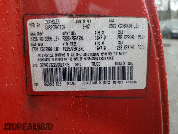 1997 Dodge 1500 z VIN 3B7HC13Z2VG824773, wystawiony jako Copart lot #43134505 z przebiegiem 144 774 mil mil oraz Szkoda całkowita • Salvage title. Historia ofert i sprzedaży dostępna na DreamBid. Obrazek 12.