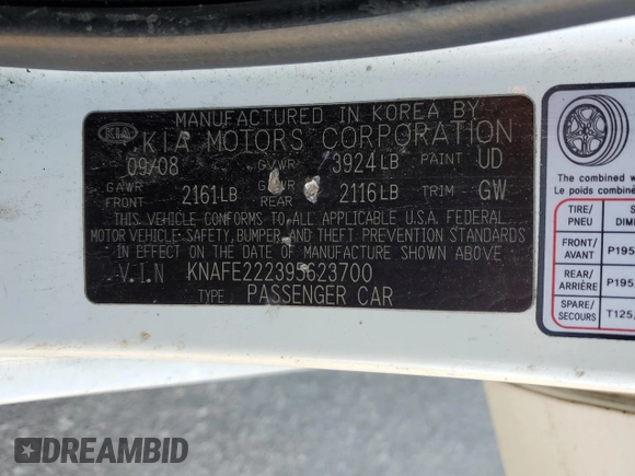 2009 Kia Spectra EX z VIN KNAFE222395623700, wystawiony jako Copart lot #86279424 z przebiegiem 195 991 mil mil oraz Szkoda całkowita • Salvage title. Historia ofert i sprzedaży dostępna na DreamBid. Obrazek 13.