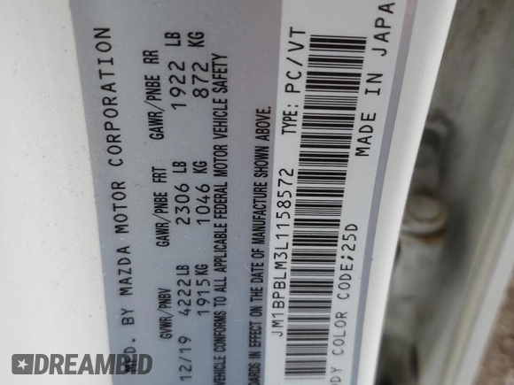 2020 Mazda 3 with VIN JM1BPBLM3L1158572, listed as a Copart auction lot 73055854 with Not provided miles and Salvage title. Bid and sale history available at DreamBid. Image 12.