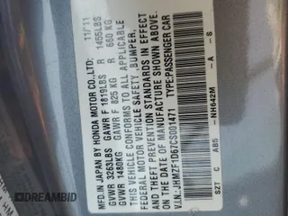 2012 Honda CR-Z EX with VIN JHMZF1D67CS001471, listed as a Copart auction lot 61248355 with 196,018 mi miles and Salvage title. Bid and sale history available at DreamBid. Image 12.