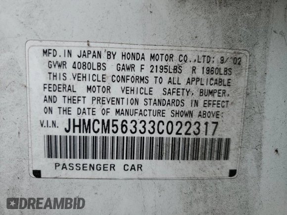 2003 Honda Accord LX z VIN JHMCM56333C022317, wystawiony jako Copart lot #48175075 z przebiegiem 74 228 mil mil oraz Nie do naprawy • Non repairable. Historia ofert i sprzedaży dostępna na DreamBid. Obrazek 12.
