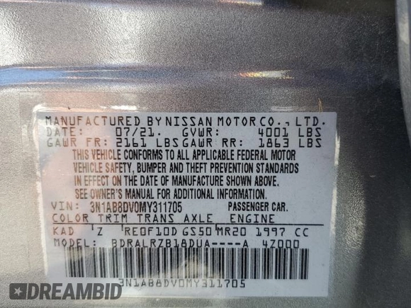 2021 Nissan Sentra SR with VIN 3N1AB8DV0MY311705, listed as a Copart auction lot 52202775 with 24,583 mi miles and Salvage Title. Bid and sale history available at DreamBid. Image 13.