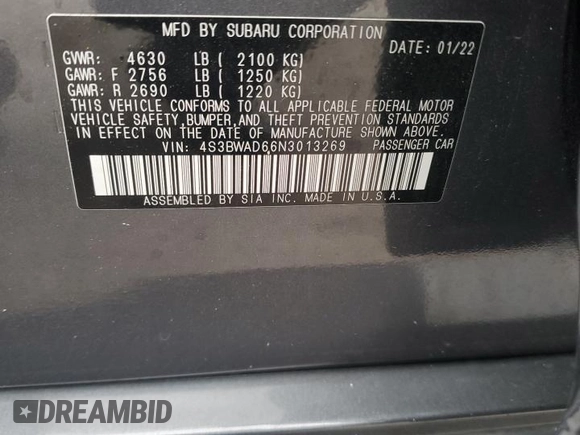 2022 Subaru Legacy Premium with VIN 4S3BWAD66N3013269, listed as a Copart auction lot 59304775 with 60,118 mi miles and Salvage title. Bid and sale history available at DreamBid. Image 12.