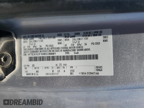 2017 Ford F-150 XL with VIN 1FTEX1CF1HKC36681, listed as a Copart auction lot 63868825 with 203,574 mi miles and Clean title. Bid and sale history available at DreamBid. Image 12.
