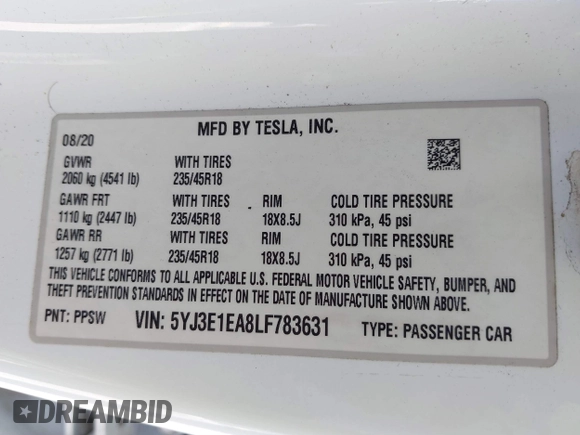 2020 Tesla Model 3 Standard Range Plus with VIN 5YJ3E1EA8LF783631, listed as a IAAI auction lot 40696383 with 78,889 mi miles. Bid and sale history available at carsss.com. Image 9.