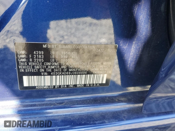 2018 Subaru Impreza Premium with VIN 4S3GKAD69J3608886, listed as a Copart auction lot 59051215 with 43,326 mi miles and Salvage title. Bid and sale history available at DreamBid. Image 12.