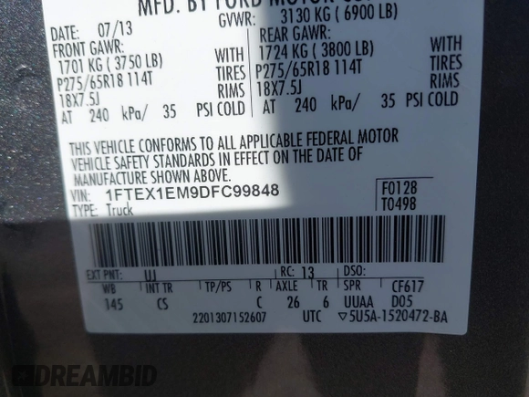 2013 Ford F-150 XL with VIN 1FTEX1EM9DFC99848, listed as a IAAI auction lot 42297022 with 175,466 mi miles and . Bid and sale history available at DreamBid. Image 9.