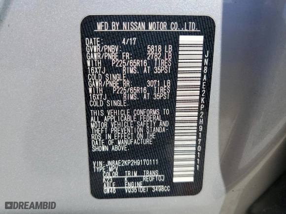 2017 Nissan Quest SV with VIN JN8AE2KP2H9170111, listed as a Copart auction lot 50261145 with 192,786 mi miles and Salvage Title. Bid and sale history available at carsss.com. Image 13.