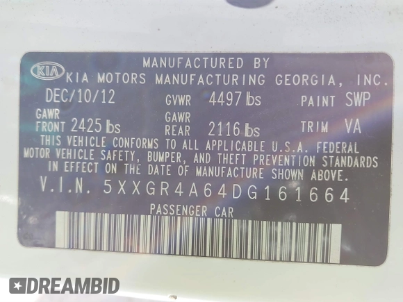 2013 Kia Optima SX z VIN 5XXGR4A64DG161664, wystawiony jako IAAI lot #41352483 z przebiegiem 81 664 mil mil oraz . Historia ofert i sprzedaży dostępna na DreamBid. Obrazek 9.