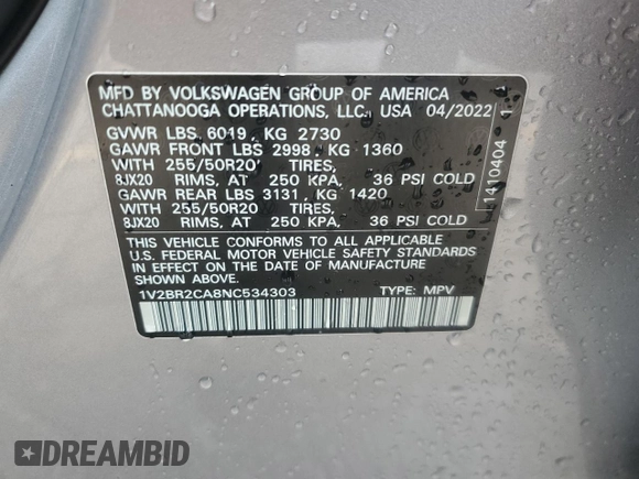 2022 Volkswagen Atlas SEL with VIN 1V2BR2CA8NC534303, listed as a Copart auction lot 57962305 with 40,401 mi miles and Salvage title. Bid and sale history available at DreamBid. Image 13.