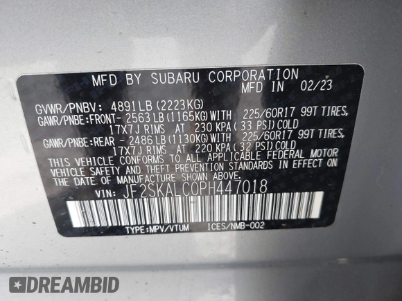 2023 Subaru Forester Wilderness with VIN JF2SKALC0PH447018, listed as a IAAI auction lot 42011074 with 21,553 mi miles and . Bid and sale history available at DreamBid. Image 9.