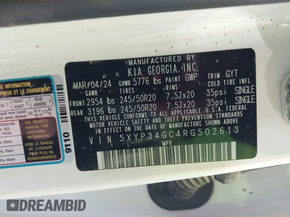 2024 Kia Telluride EX with VIN 5XYP34GC4RG502613, listed as a IAAI auction lot 41299160 with Not Provided miles and . Bid and sale history available at DreamBid. Image 9.