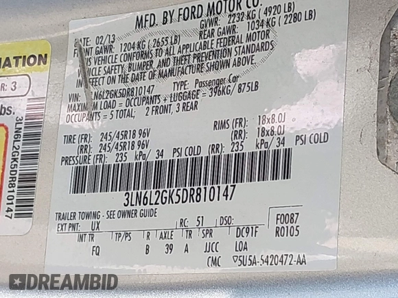 2013 Lincoln MKZ с VIN 3LN6L2GK5DR810147, выставлен на аукционе IAAI как лот 40102072 с пробегом 133 690 миль миль и . История ставок и продаж доступна на DreamBid. Изображение 9.