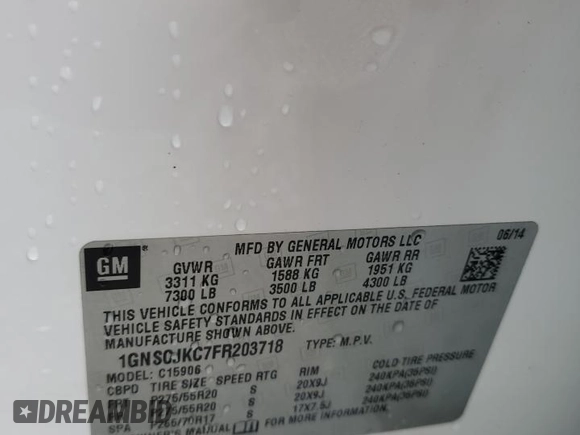 2015 Chevrolet Suburban LT with VIN 1GNSCJKC7FR203718, listed as a Copart auction lot 59577225 with Not provided miles and Salvage title. Bid and sale history available at DreamBid. Image 14.