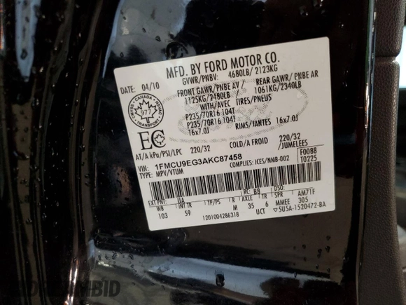 2010 Ford Escape Limited with VIN 1FMCU9EG3AKC87458, listed as a Copart auction lot 59057165 with 110,611 mi miles and Non repairable. Bid and sale history available at DreamBid. Image 13.