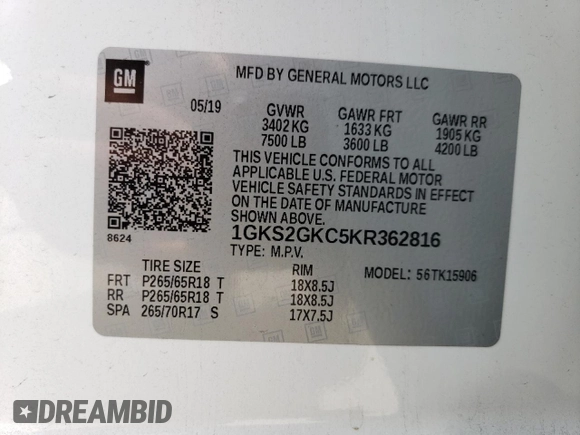 2019 GMC Yukon XL SLT with VIN 1GKS2GKC5KR362816, listed as a Copart auction lot 69062794 with 96,321 mi miles and Salvage Title. Bid and sale history available at DreamBid. Image 13.