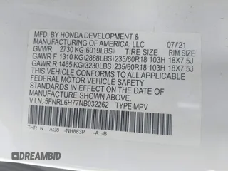 2022 Honda Odyssey EX-L with VIN 5FNRL6H77NB032262, listed as a IAAI auction lot 40772227 with 35,053 mi miles and . Bid and sale history available at DreamBid. Image 9.